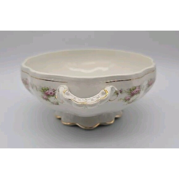 Vintage Dresden Semi Porcelain Two Handle Serving Bowl Rosesand Gold Trimmed - Picture 2 of 12